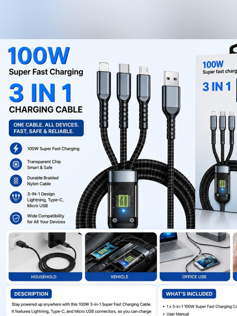 100W 3-in-1 Super Fast Charging Cable – Lightning, Type-C & Micro USB – NEW
